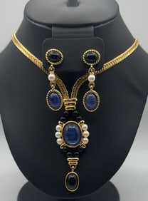 Monet Gold Tone Blue and Black Necklace & Earrings Necklace Measures 24"