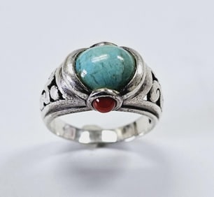 Ross Simons Sterling Turquoise & Coral Ring Ring weighs 5.9 Grams Size 9