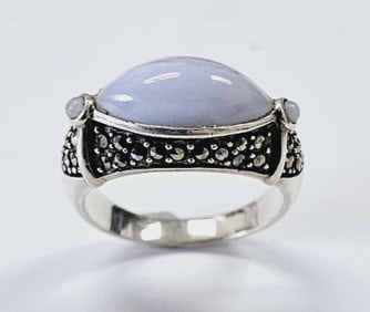 Sterling Silver Marcasite and Blue Lace Agate Ring RIng weighs 7.2 Grams Size 9