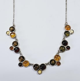 Sterling Silver Multi-Color Amber Necklace Necklace weighs 16.3 Grams Measures 18"