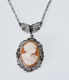 Victorian Sterling Silver Cameo Necklace Necklace weighs 4.7 Grams Measures 20"