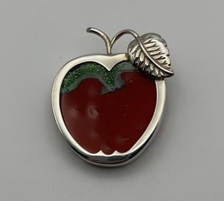 Vintage Sterling Silver Glass Apple Brooch Brooch Weighs 22 Grams Colored Glass