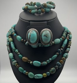Sterling Silver Turquoise Jewelry Set Necklace Measures 24"