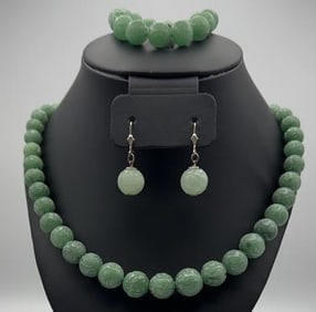 Sterling Silver Carved Jade Jewelry Set Necklace Measures 17"