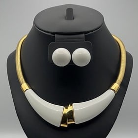 Monet Gold Tone and Enamel Necklace & Earrings Necklace Measures 14"
