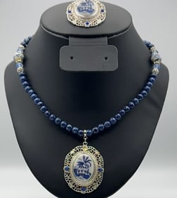 Silver Tone Blue Enamel Necklace and Brooch Set Necklace Measures 32"