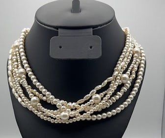 Vintage Cultured Pearl Bead Six Strand Necklace Necklace Measures 18"