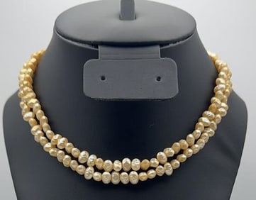 Vintage Yellow Pearl Double Strand Necklace Necklace Measures 16" Gold Tone Clasp