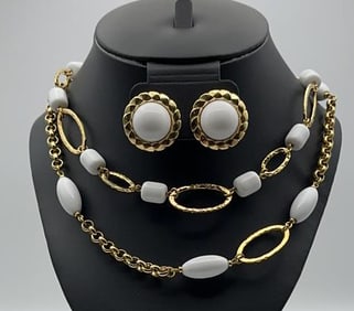 Gold Tone White Bead Necklace & Earrings Cylindrical Bead Chain Measures 34"