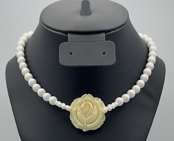Vintage Carved Bovine Bone Rose Necklace Necklace Measures 16"