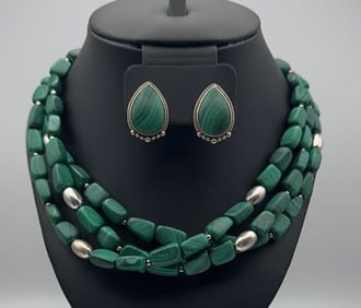 Sterling Silver Malachite Necklace & Earrings Necklace Measures