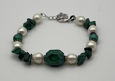 Sterling Silver Malachite and Pearl Bracelet Bracelet Measures 7.25"  Bracelet Weighs 23.6 Grams