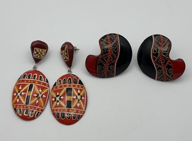 Hand Painted Wooden Red and Yellow Earrings Set of Two