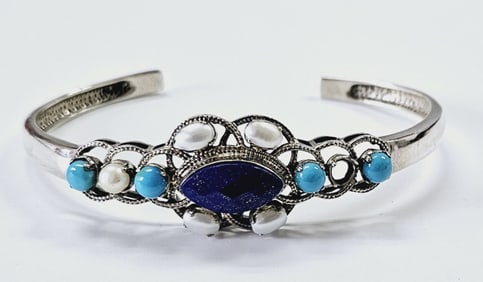 Sterling Silver Pearl Turquoise & Lapis Bracelet Bracelet weighs 18.2 Grams
