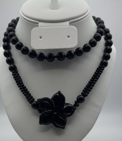 Vintage Black Obsidian Floral Necklace Necklace Measures 32": Necklace Measures 32"