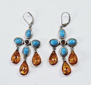 Sterling Silver Turquoise & Amber Earrings Earrings weigh 9.8 Grams