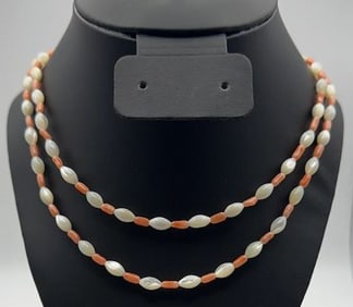 Pair of Mother of Pearl and Coral Bead Necklaces Both Chains Measure 23" Gold Tone Clasp