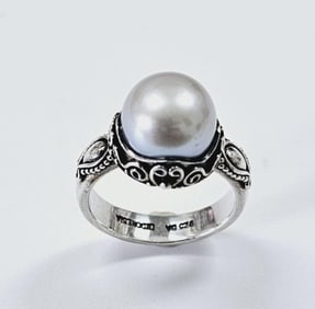 Suarti Bali .925  Scroll Bead Design Pearl Ring Ring weighs 8.8 Grams Size 9