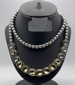 Faux Grey Pearl & Rhinestone Layered Necklace Necklace Measures 21"