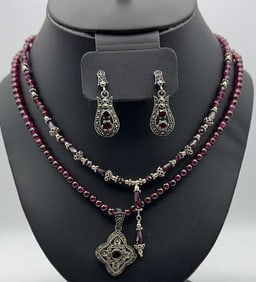 Sterling Marcasite & Garnet Necklace & Earrings Round Bead Chain Measures