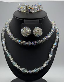 Vintage Iridescent Aurora Borealis Jewelry Set Oval Bead Necklace Measures 25"