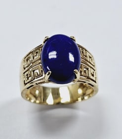 14K Yellow Gold  Lapis Lazuli Greek Key Ring Ring weighs 6.3 Grams Size 8