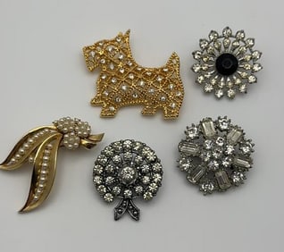 5 Vintage Rhinestone & Faux Pearl Costume Brooches Set of Five
