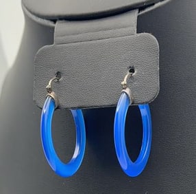 Sterling Silver Blue Jade Hoop Earrings Earrings Weigh 7.2 Grams Collectively