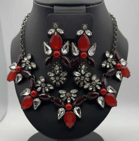 Talbots  Red Rhinestone Necklace & Earrings Necklace Measures 18" Chain is brass tone