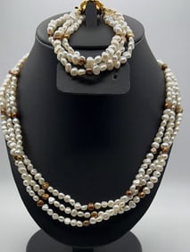 Chocolate Brown & White Freshwater Pearl Set Necklace Measures 29"