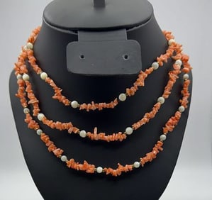 Trio of Salmon Coral Chip & Pearl Necklaces Shorter Two Chains Measure 18"