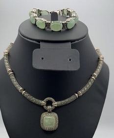 GSJ Sterling Silver Marcasite & Jade Set Necklace Measures
