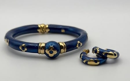 .925 Enameled Blue Gold Vermeil Bracelet Earrings Bracelet Measures