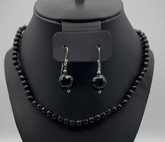 Sterling Silver Faceted Onyx Necklace & Earrings Necklace Measures