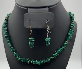 Malachite Nugget Strand Necklace & Earrings Set Necklace Measures 28" Metal is gold tone