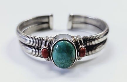 Joseph Esposito .925 Turquoise & Coral Bracelet Bracelet weighs 43.5 Grams