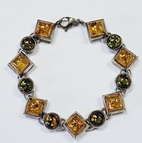 Sterling Silver Multi-Color Amber Link Bracelet Bracelet weighs 22.6 Grams