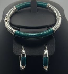 Milor Italy Sterling Silver Green Enamel Set Bracelet Measures 5.5"