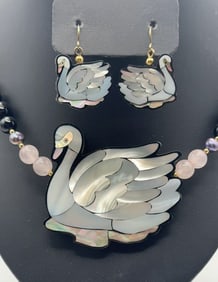 Lee Sands Mother of Pearl Swan Necklace Earrings Necklace Measures 18"