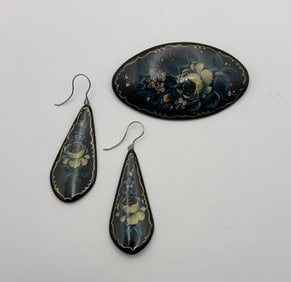 Hand Painted Russian Lacquer Brooch & Earrings Set Consists of Brooch and Earring Pair