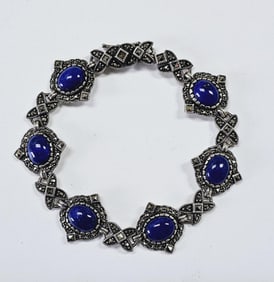Sterling Silver Marcasite Lapis Lazuli Bracelet Bracelet Measures 7.5"  Bracelet Weighs 21.9 Grams