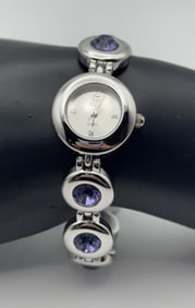 Nolan Miller Silver Tone Purple Crystal Watch Watch Measures 7.5" Watch is Not Tested