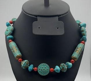 Turquoise and Copper Nepalese Style Necklace Necklace Measures 23"