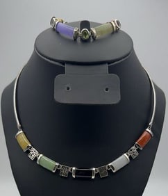 Sterling Silver Mixed Jade and Gemstone Set Necklace Measures