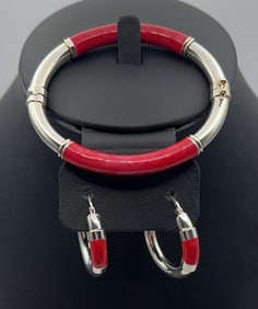 Milor Italy Sterling Silver Red Enamel Set Bracelet Measures
