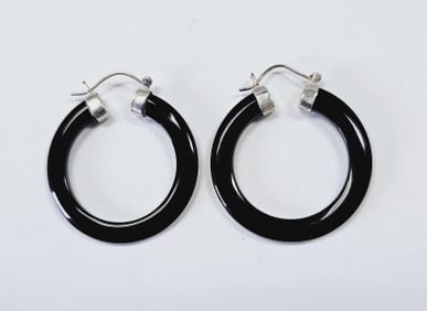 Sterling Silver Black Onyx Hoop Earrings Earrings Weigh 6.1 Grams
