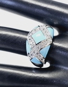 Sterling Silver Enamel & CZ Ring Ring weighs 10.0 Grams Size 9