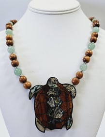 Lee Sands Sterling Mother of Pearl Jade & Wood Necklace measures 22"