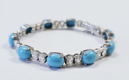 Sterling Silver Turquoise & CZ Bracelet Bracelet weighs 20.8 Grams