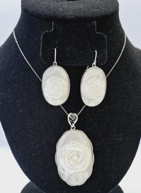Silver Carved Mother of Pearl Necklace & Earrings Necklace and Earrings Weigh 26.6 Grams